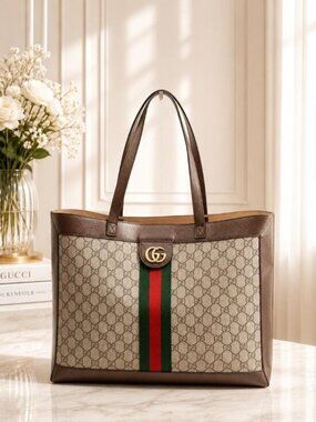 Authentic Gucci Ophidia GG Supreme Canvas Large Tote Bag Web Stripe Shoulder Bag
